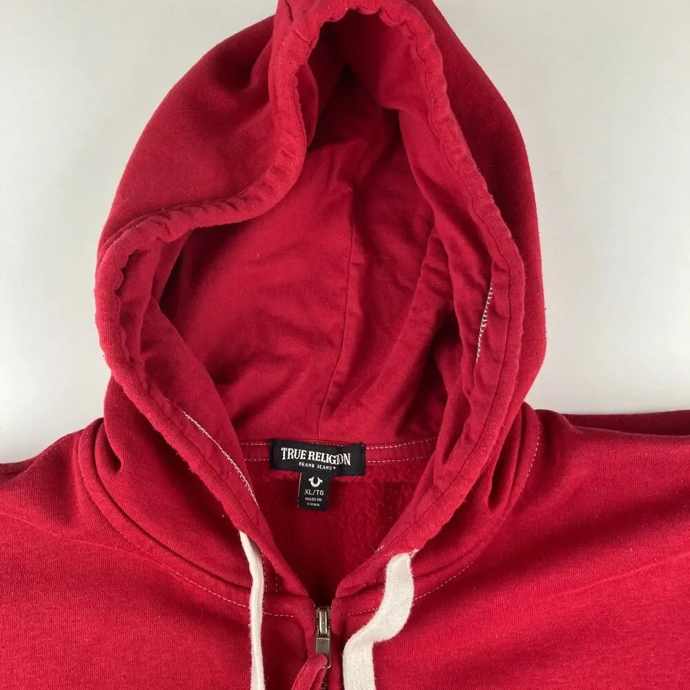 True Religion Mens XL Red Full Zip Hoodie Buddha World Tour Logo Sweatshirt